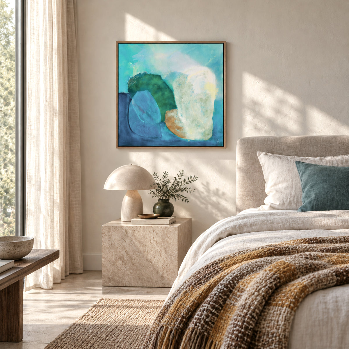 Gems, abstract coastal wall art print with deep teal and turquoise tones, organic stone shapes and rich layered texture. Hanging framed in a modern bedroom. Ingeborg Andersson Art