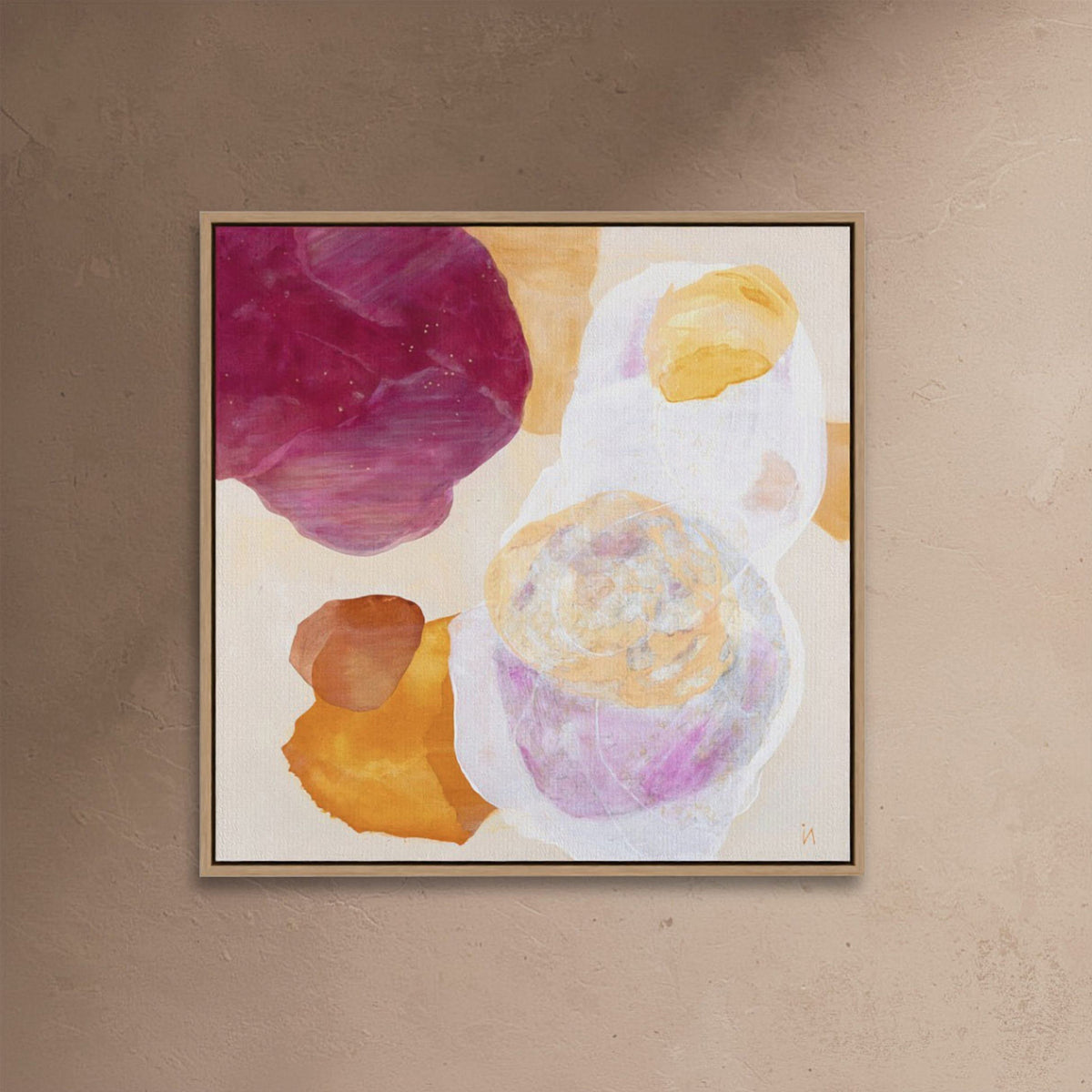 Cosmo, serene abstract wall art print with celestial forms in soft white, peachy gold and lavender tones. Framed, close-up. Ingeborg Andersson Art