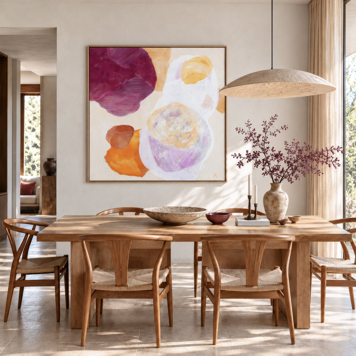 Cosmo, serene abstract wall art print in natural frame, hanging in a modern dining room. Ingeborg Andersson Art