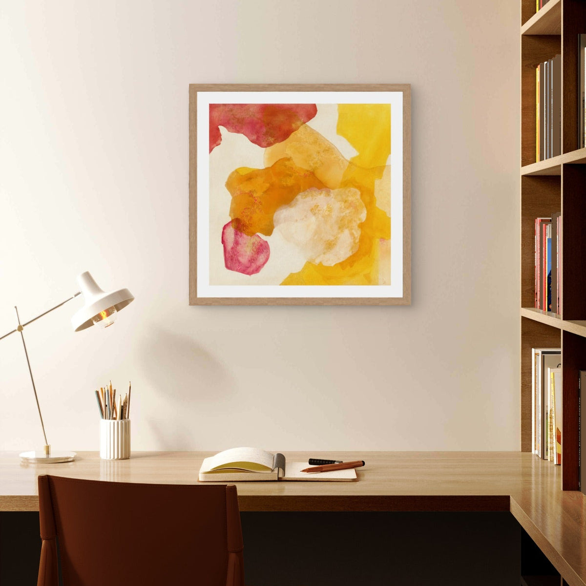 Landscape, abstract nature wall art print on paper in a classic frame. Hanging in a modern office corner. Ingeborg Andersson Art