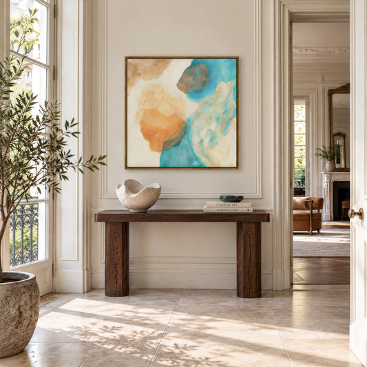 Magic Bird, nature inspired abstract art print on canvas hanging in a modern hallway. Ingeborg Andersson Art