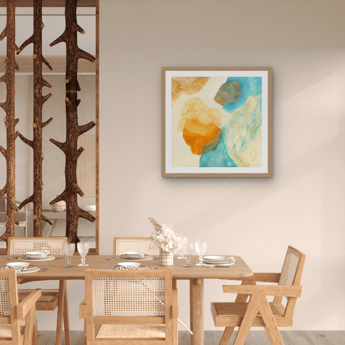 Magic Bird, nature inspired abstract art print hanging in a dining area, scandinavian style. Ingeborg Andersson Art