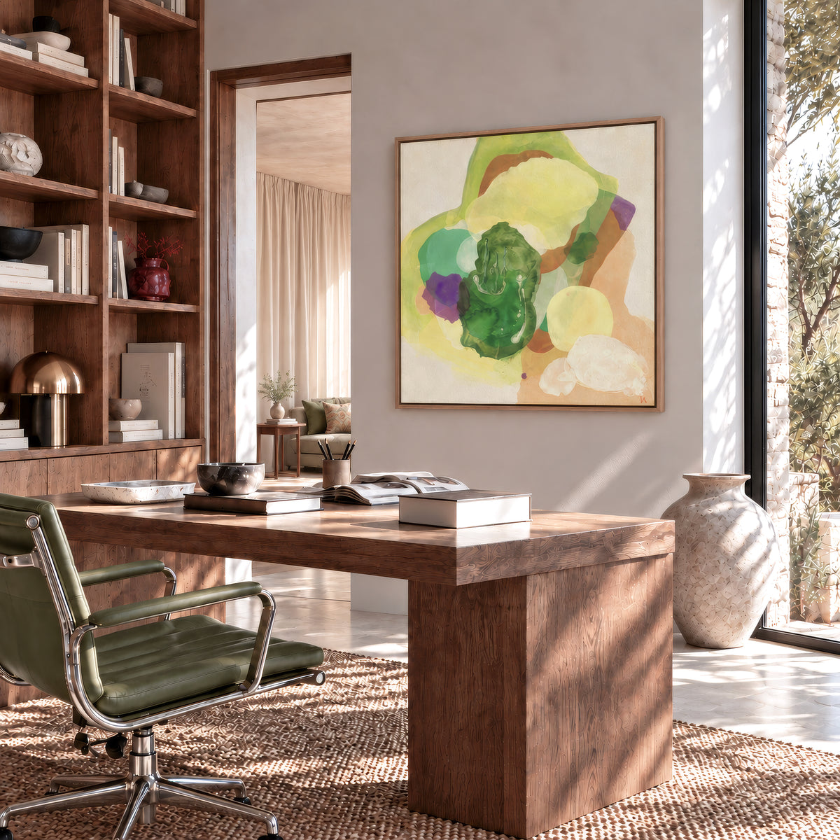 The Frog, organic abstract art print in natural frame hanging in a home office. Ingeborg Andersson Art