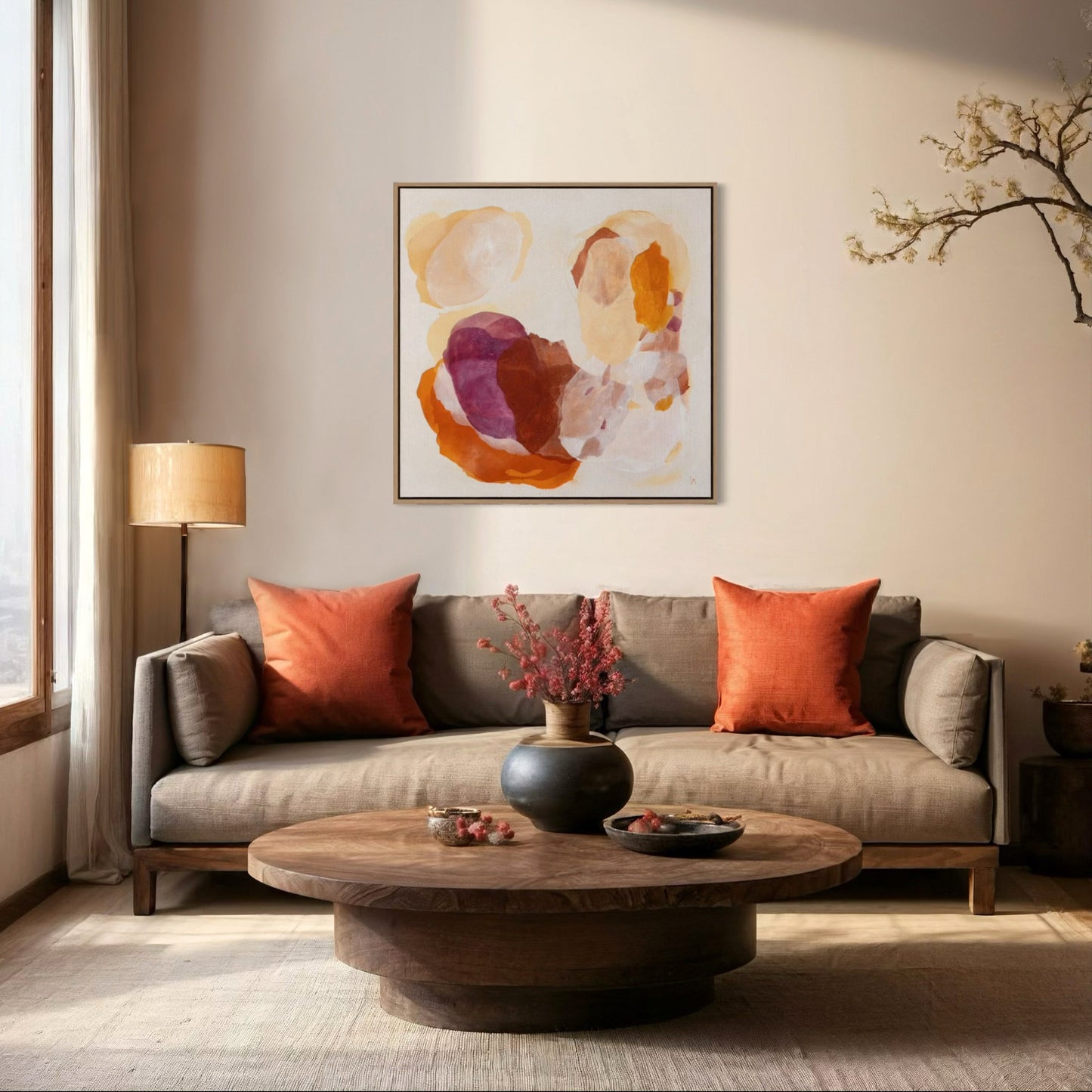 Caramel, soulful abstract art print on canvas in a modern living room. Ingeborg Andersson Art