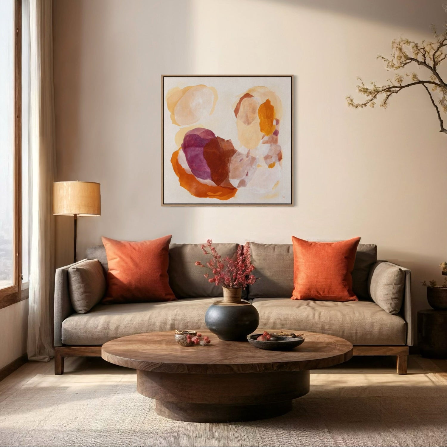 Caramel, soulful abstract art print on canvas in a modern living room. Ingeborg Andersson Art