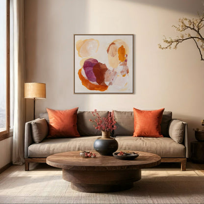 Caramel, soulful abstract art print on canvas in a modern living room. Ingeborg Andersson Art