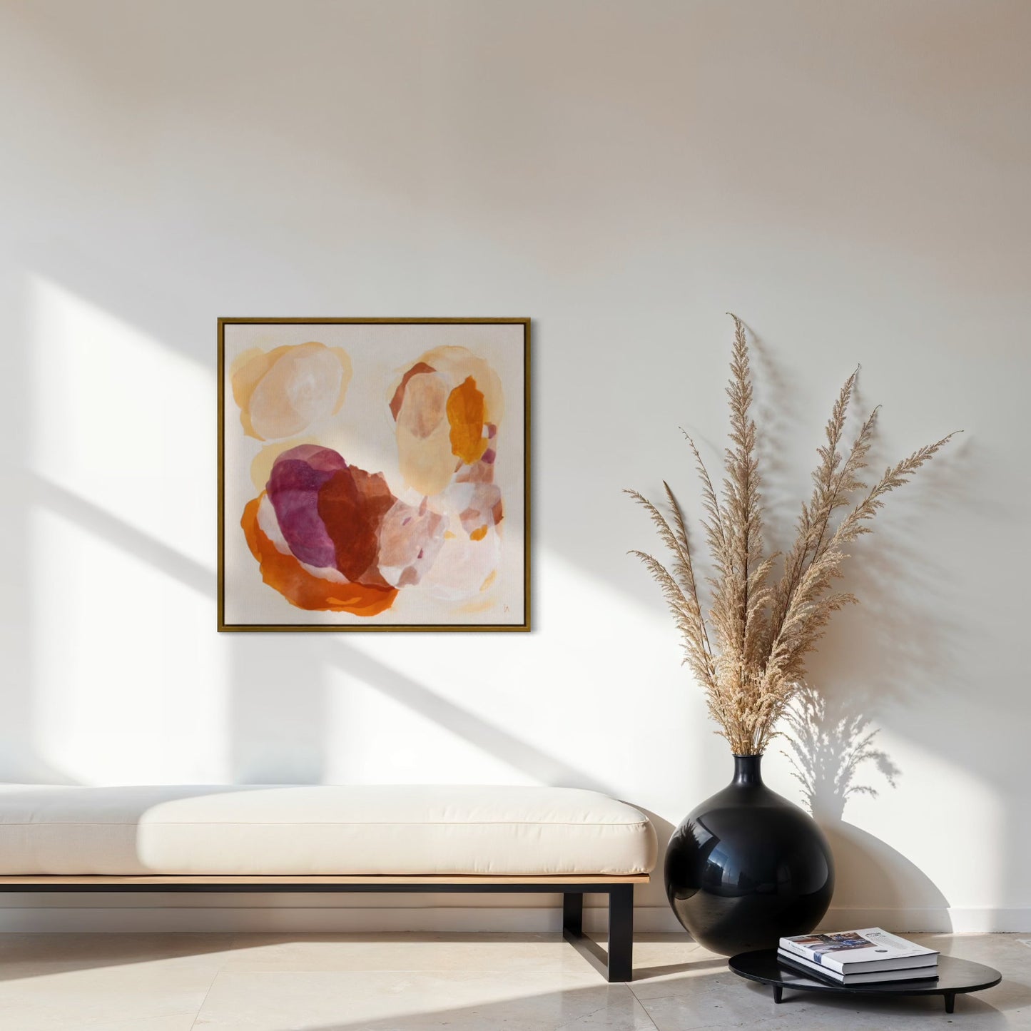 Caramel, soulful abstract art print on canvas, framed with gold finish.  Ingeborg Andersson Art