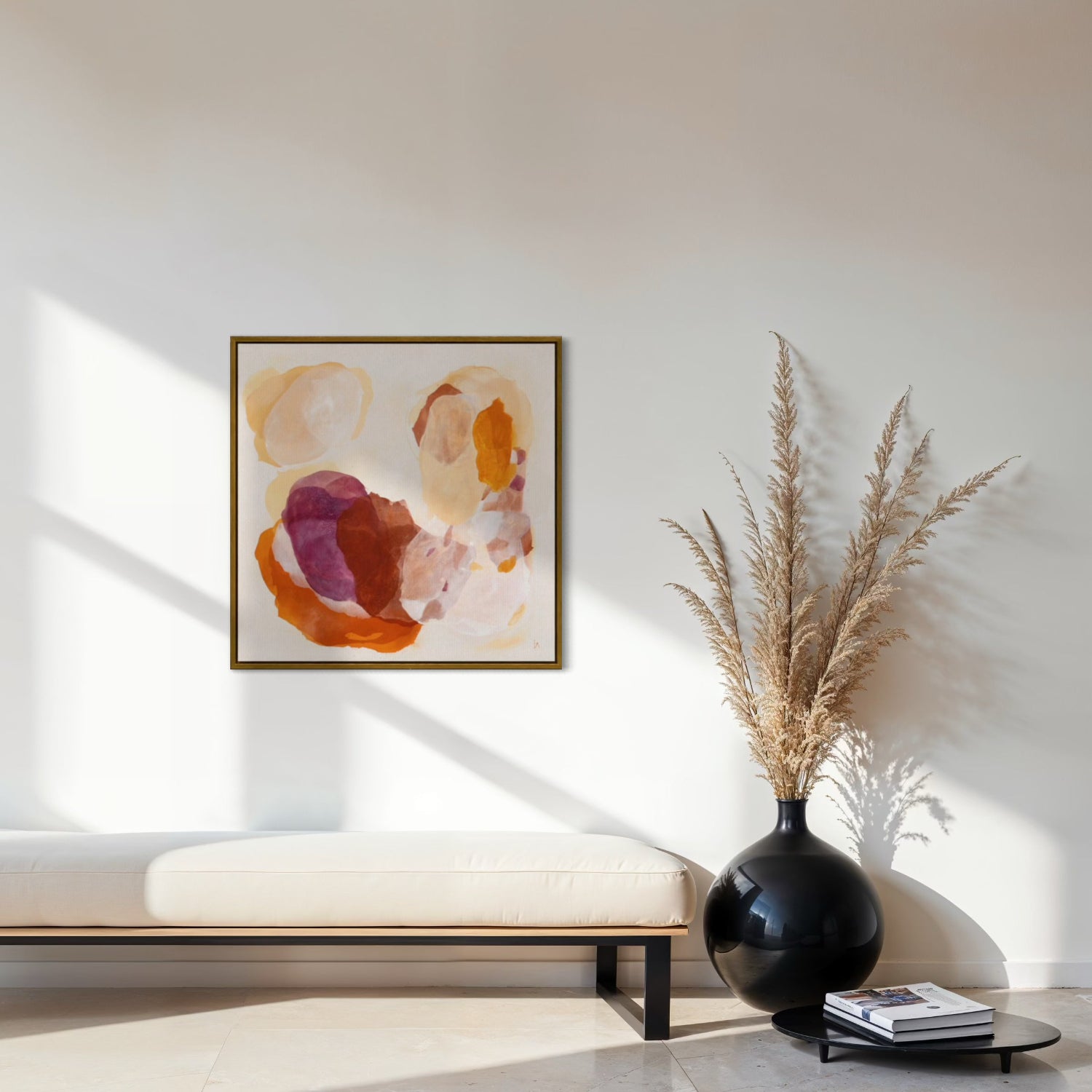 Caramel, soulful abstract art print on canvas, framed with gold finish.  Ingeborg Andersson Art