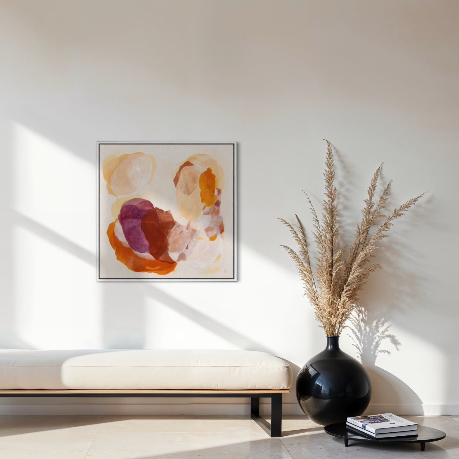 Caramel, soulful abstract art print on canvas with a white frame. Ingeborg Andersson Art