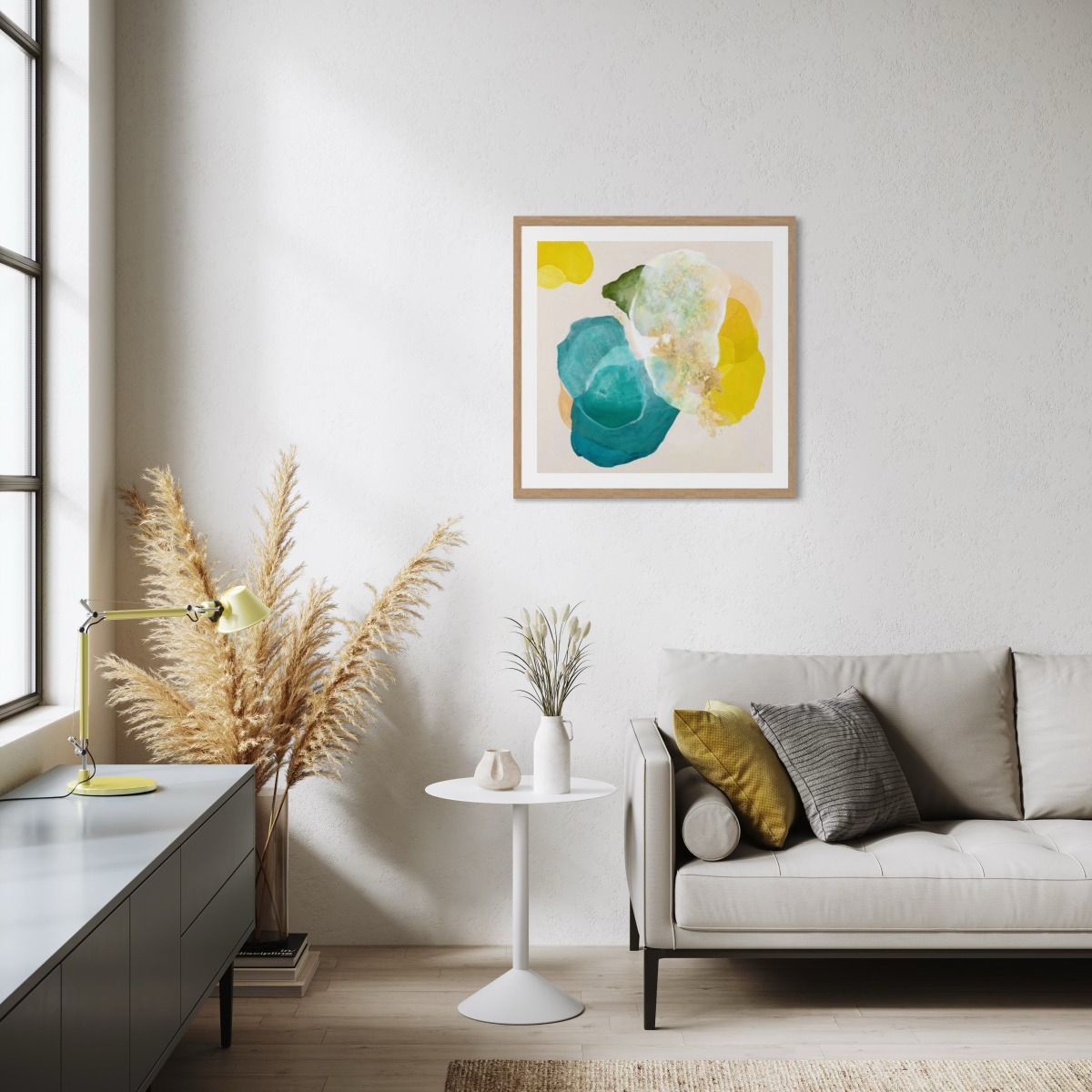 Bold abstract art print for living room on paper. Framed, hanging in modern living room. Ingeborg Andersson Art