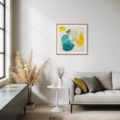 Bold abstract art print for living room on paper. Framed, hanging in modern living room. Ingeborg Andersson Art