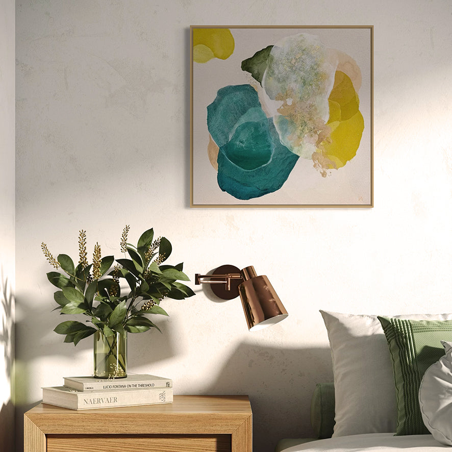 Cosmic Gold, bold abstract art print in natural frame, bedroom. Ingeborg Andersson Art