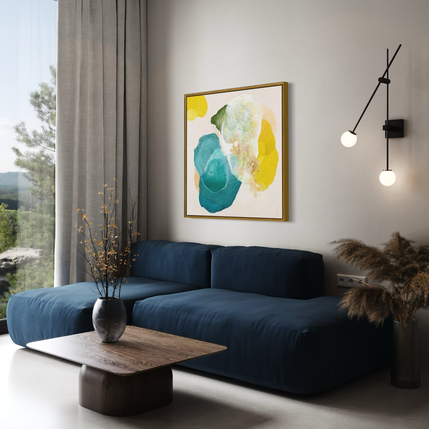 Cosmic Gold, bold abstract art print on canvas, framed in a living room. Ingeborg Andersson Art