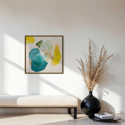 Cosmic Gold, bold abstract art print in a floating frame with gold finish. Ingeborg Andersson Art