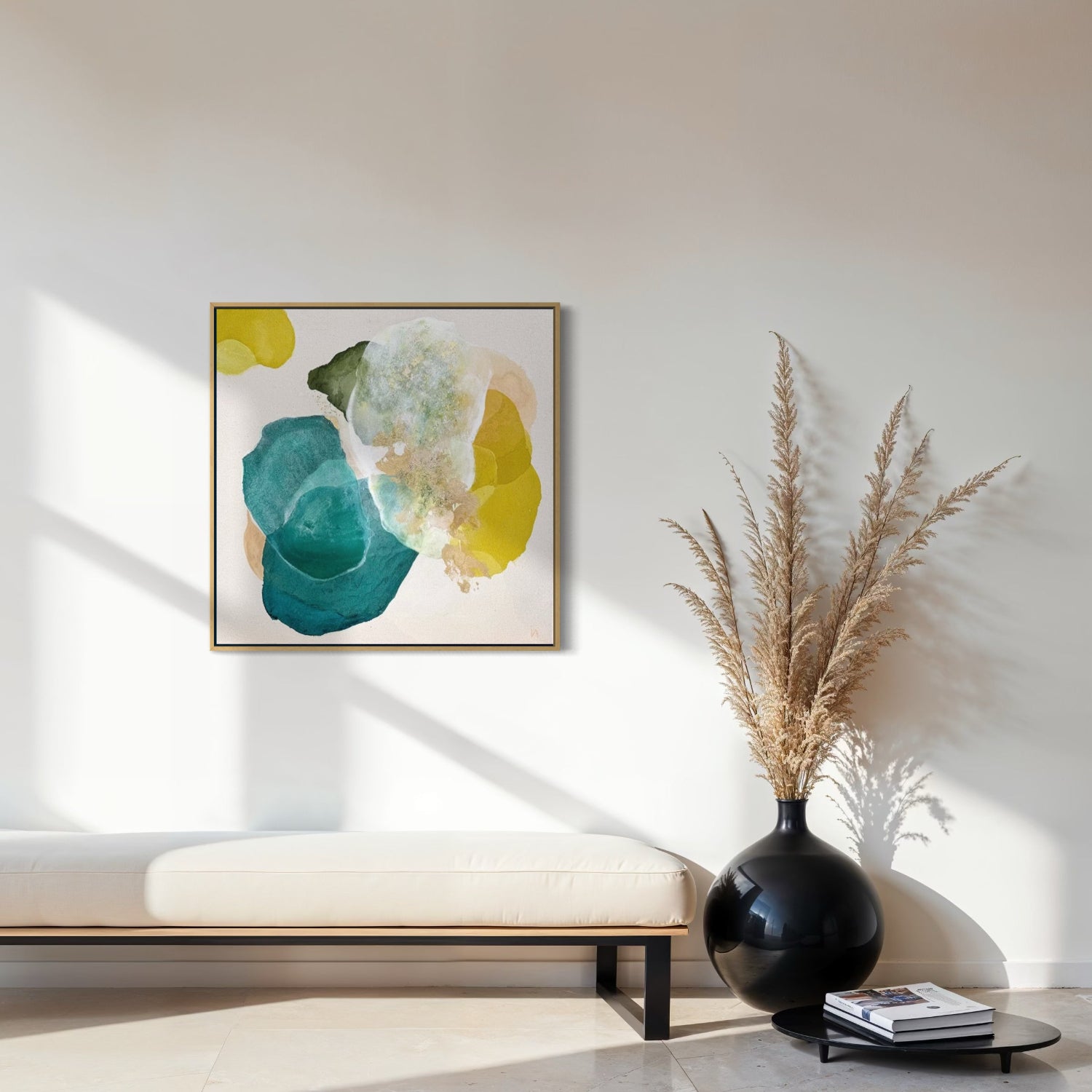 Cosmic Gold, bold abstract art print in natural floating frame. Ingeborg Andersson Art