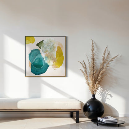 Cosmic Gold, bold abstract art print in natural floating frame. Ingeborg Andersson Art