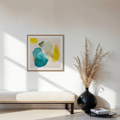 Bold abstract art print for living room on paper. Framed in a natural finish, hanging above a bench. Ingeborg Andersson Art