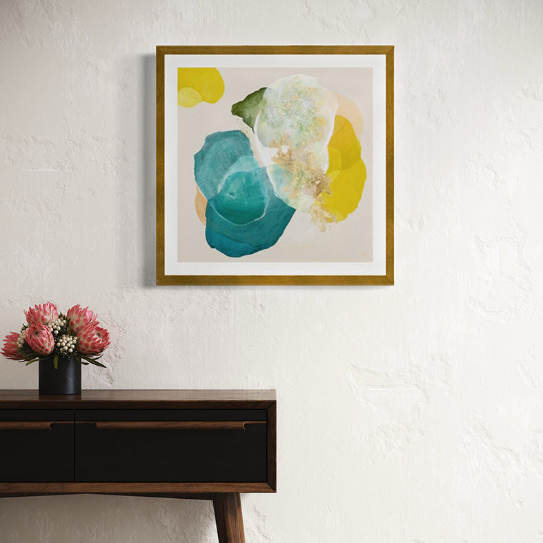 Bold abstract art print for living room on paper. Framed, hanging in a hallway. Ingeborg Andersson Art