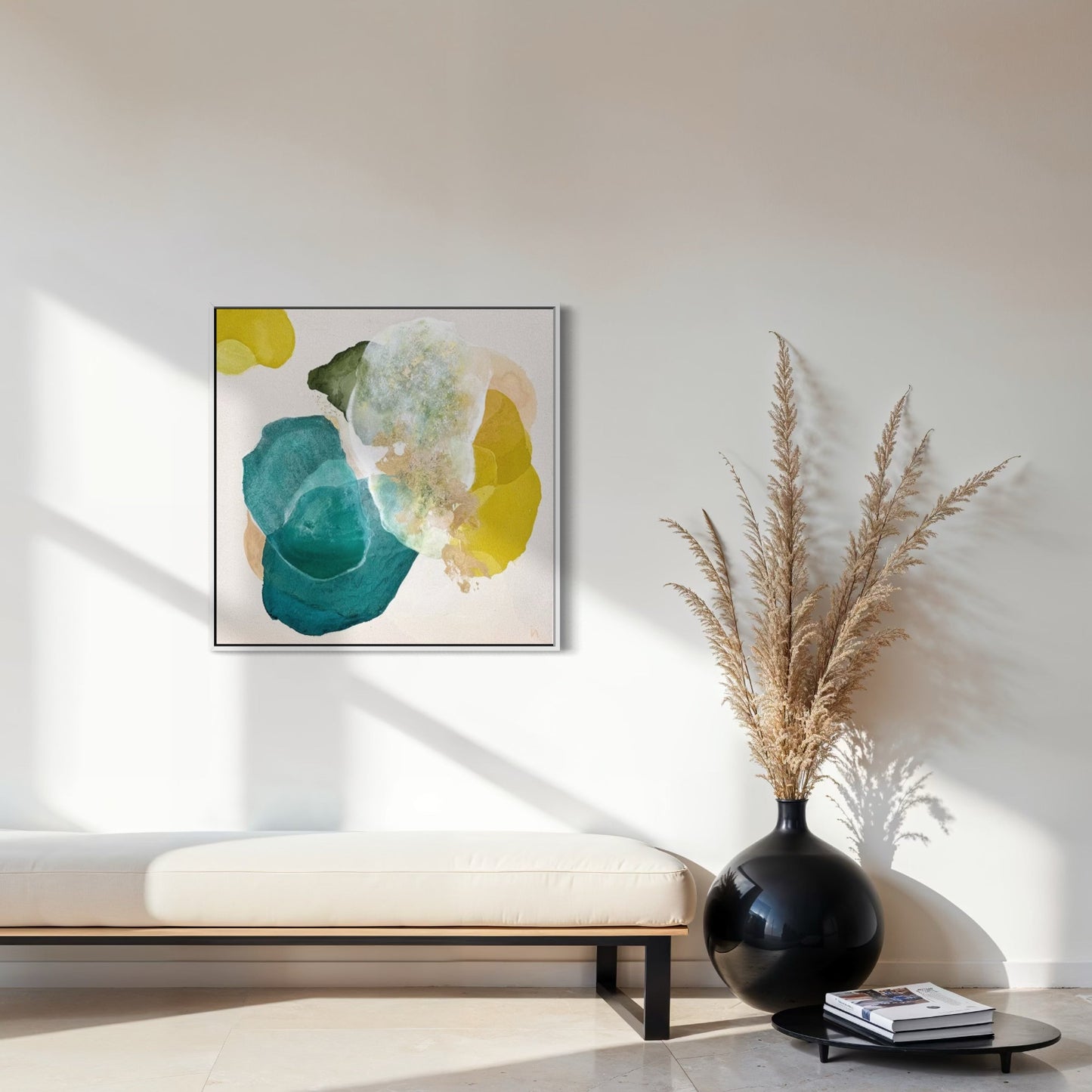 Cosmic Gold, bold abstract art print in a white floating frame. Ingeborg Andersson Art