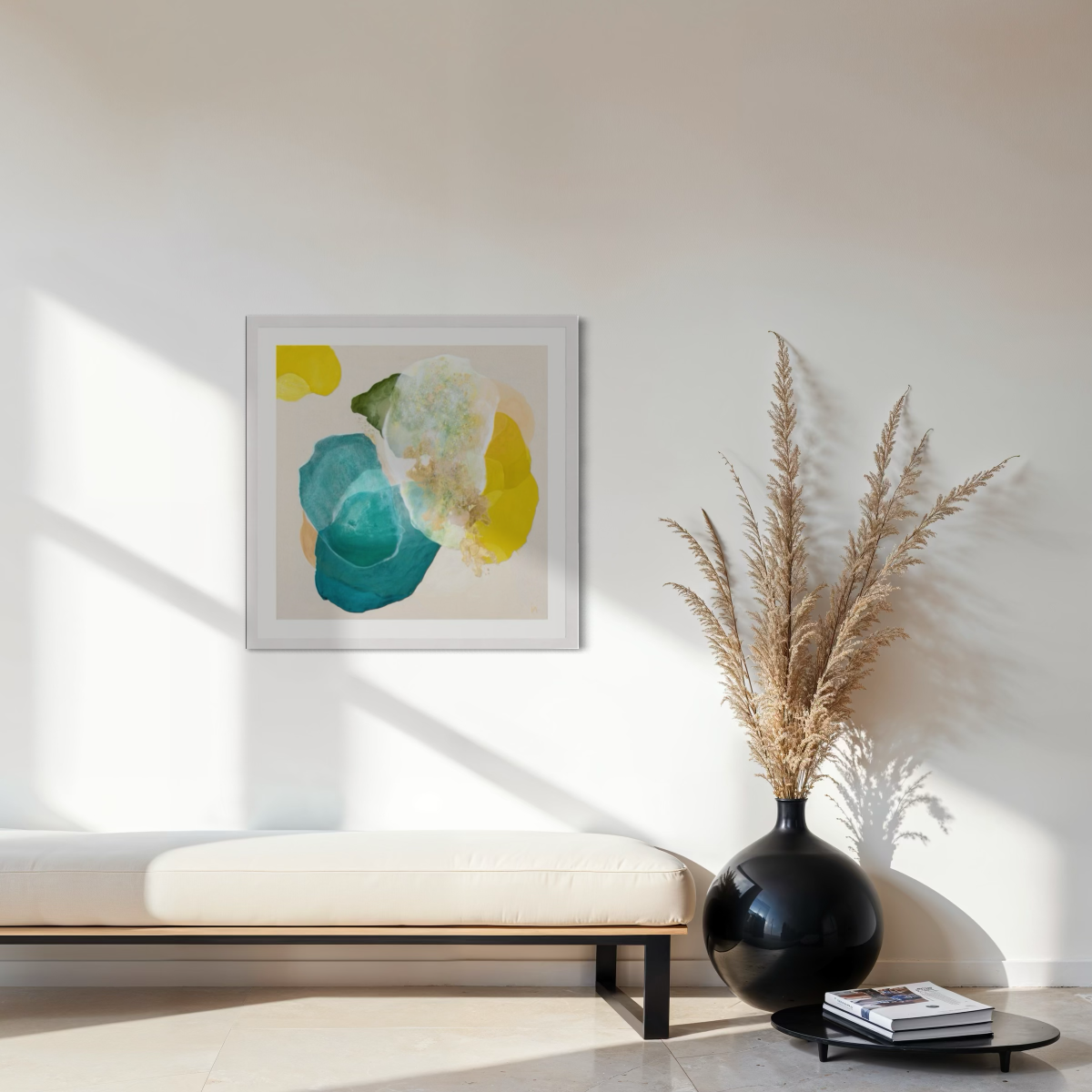 Bold abstract art print for living room on paper. Framed in a white finish, hanging above a bench. Ingeborg Andersson Art