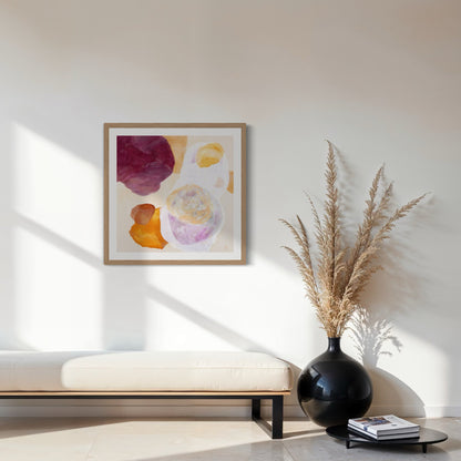Serene abstract wall art print on paper framed in natural finish. Hanging in a seating area.  Ingeborg Andersson Art