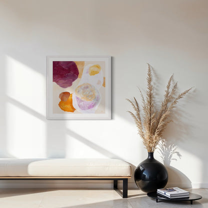 Serene abstract wall art print on paper framed in white finish. Hanging in a seating area.  Ingeborg Andersson Art