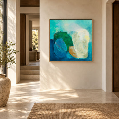 Gems, abstract coastal wall art print with deep teal and turquoise tones, organic stone shapes and rich layered texture. Hanging framed in a modern hallway Ingeborg Andersson Art