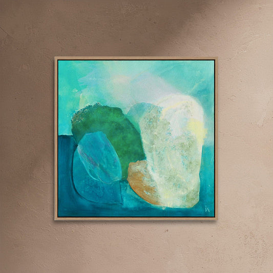 Gems, abstract coastal wall art print on canvas in a floating frame, close up.   Ingeborg Andersson Art