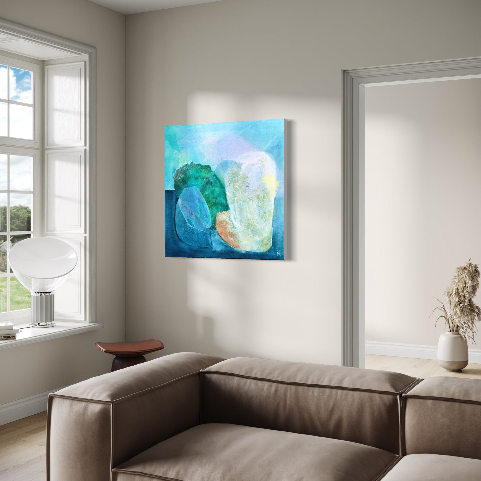 Gems, abstract coastal wall art print on canvas in a modern living room. Ingeborg Andersson Art