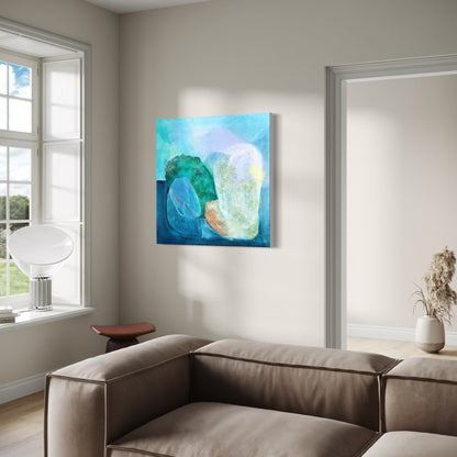 Gems, abstract coastal wall art print on canvas in a modern living room. Ingeborg Andersson Art