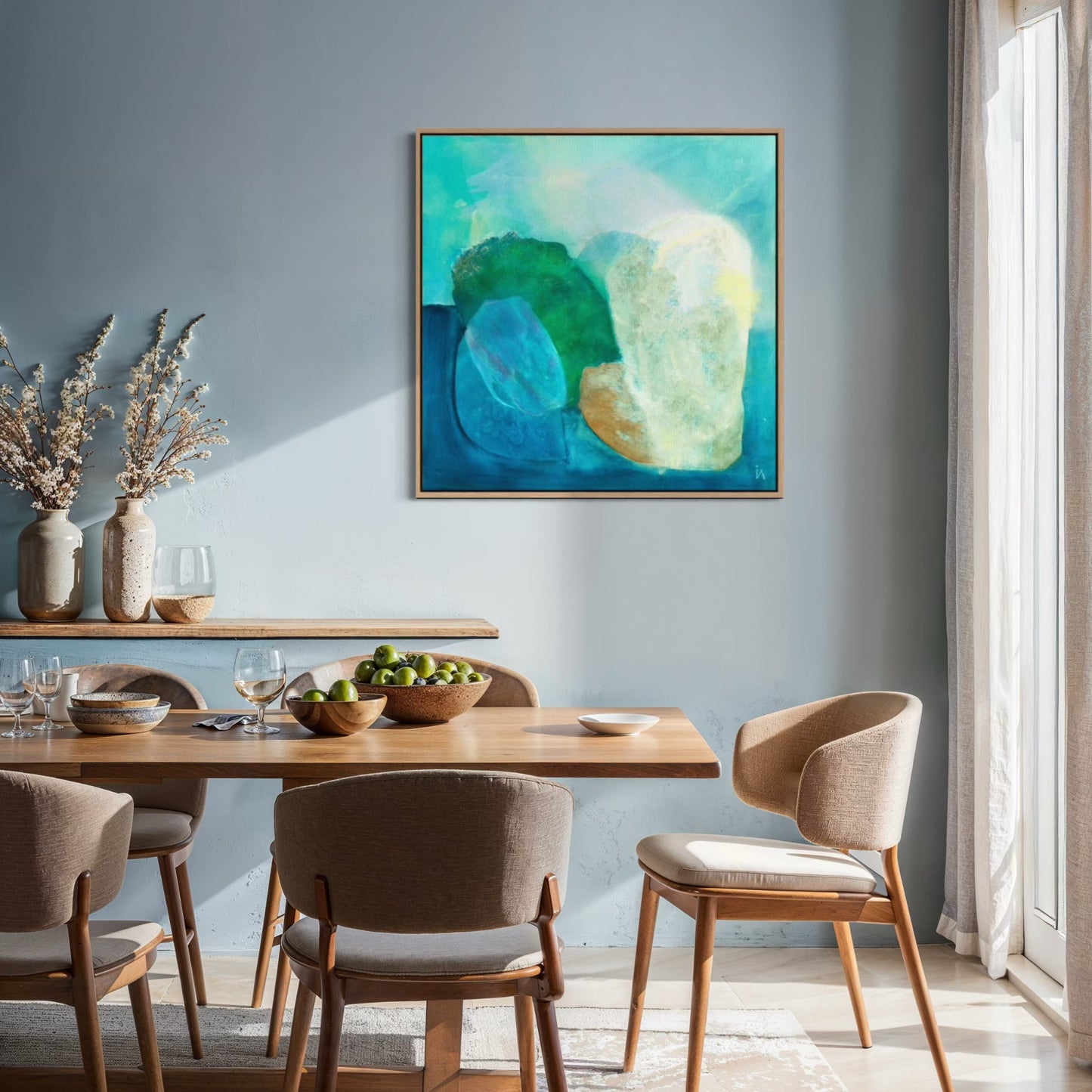 Gems, abstract coastal wall art print on canvas in a dining area. Ingeborg Andersson Art