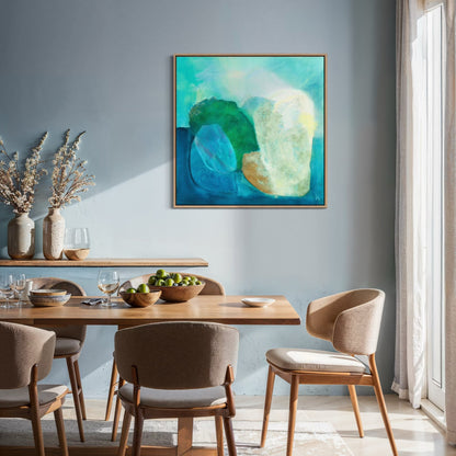 Gems, abstract coastal wall art print on canvas in a dining area. Ingeborg Andersson Art