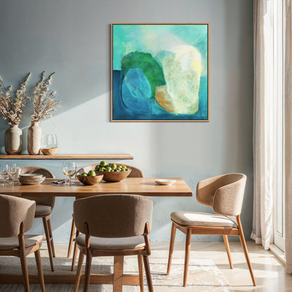 Gems, abstract coastal wall art print on canvas in a dining area. Ingeborg Andersson Art