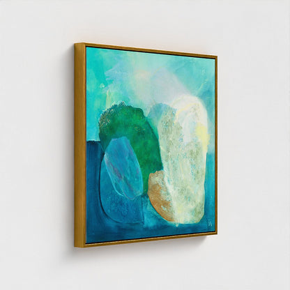 Gems, abstract coastal wall art print on canvas in a floating frame, side, close up.   Ingeborg Andersson Art