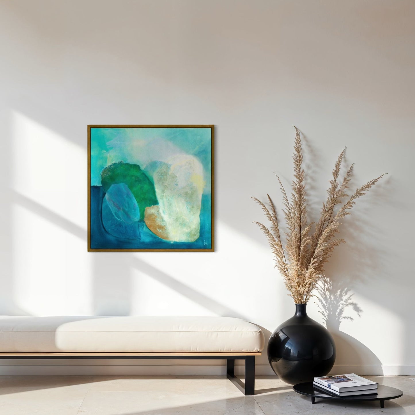 Gems, abstract coastal wall art print on canvas, gold frame. Ingeborg Andersson Art