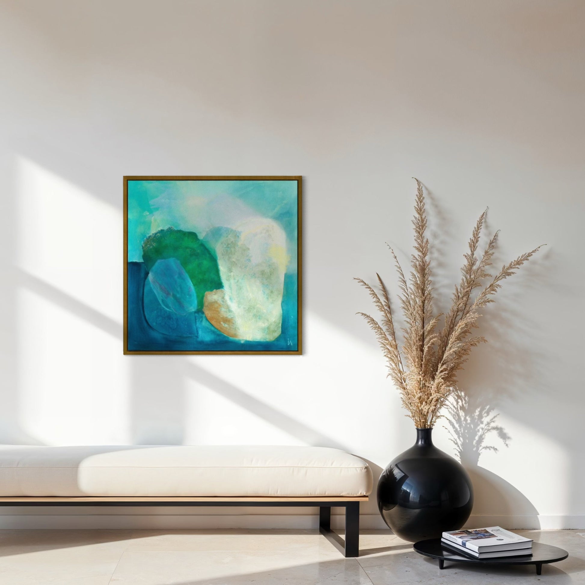 Gems, abstract coastal wall art print on canvas, gold frame. Ingeborg Andersson Art