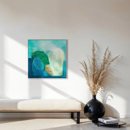 Gems, abstract coastal wall art print on canvas, white frame.  Ingeborg Andersson Art
