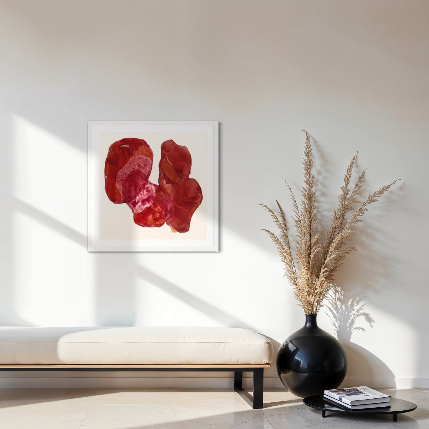 Golden Feather, statement abstract art print on paper. Framed in white finish,  hanging in a seating area.  Ingeborg Andersson Art