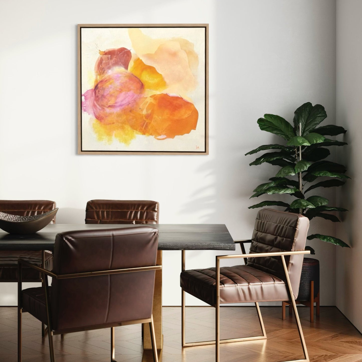Happy Grape, a colorful abstract wall art print a dining area.  Ingeborg Andersson Art