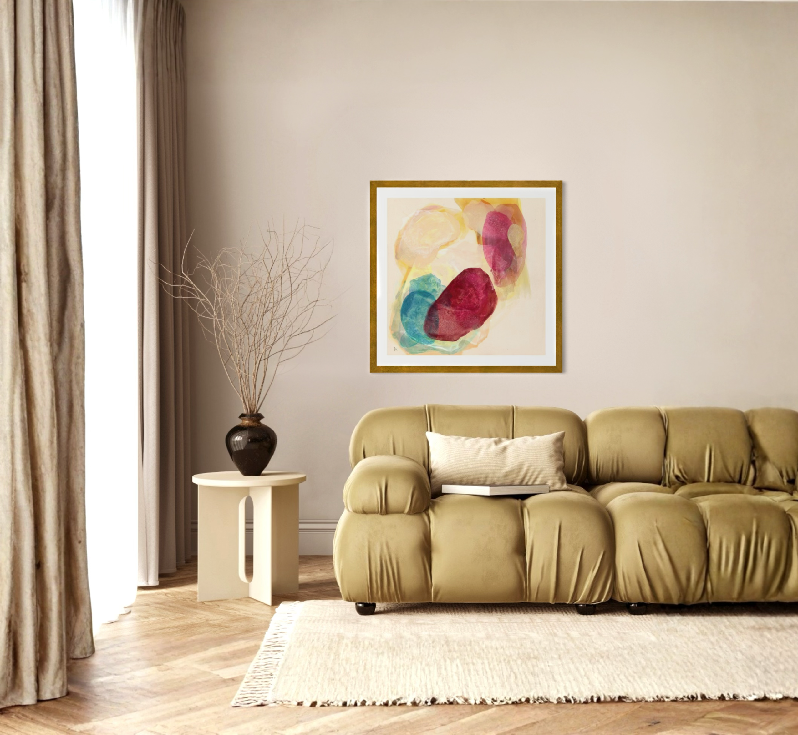 Minerals , abstract fine art print on paper with a classic frame of sustainable sourced wood painted in gold. This artwork has nature inspired abstract shapes with playful movements in petroleum blue, wine-red and soft brown, yellow, beige tones. Hanging in a modern living room with a sage green sofa and a small white side table in a sculptural shape with a black vase on top of it.  White long transparent curtains by the window. Ingeborg Andersson Art