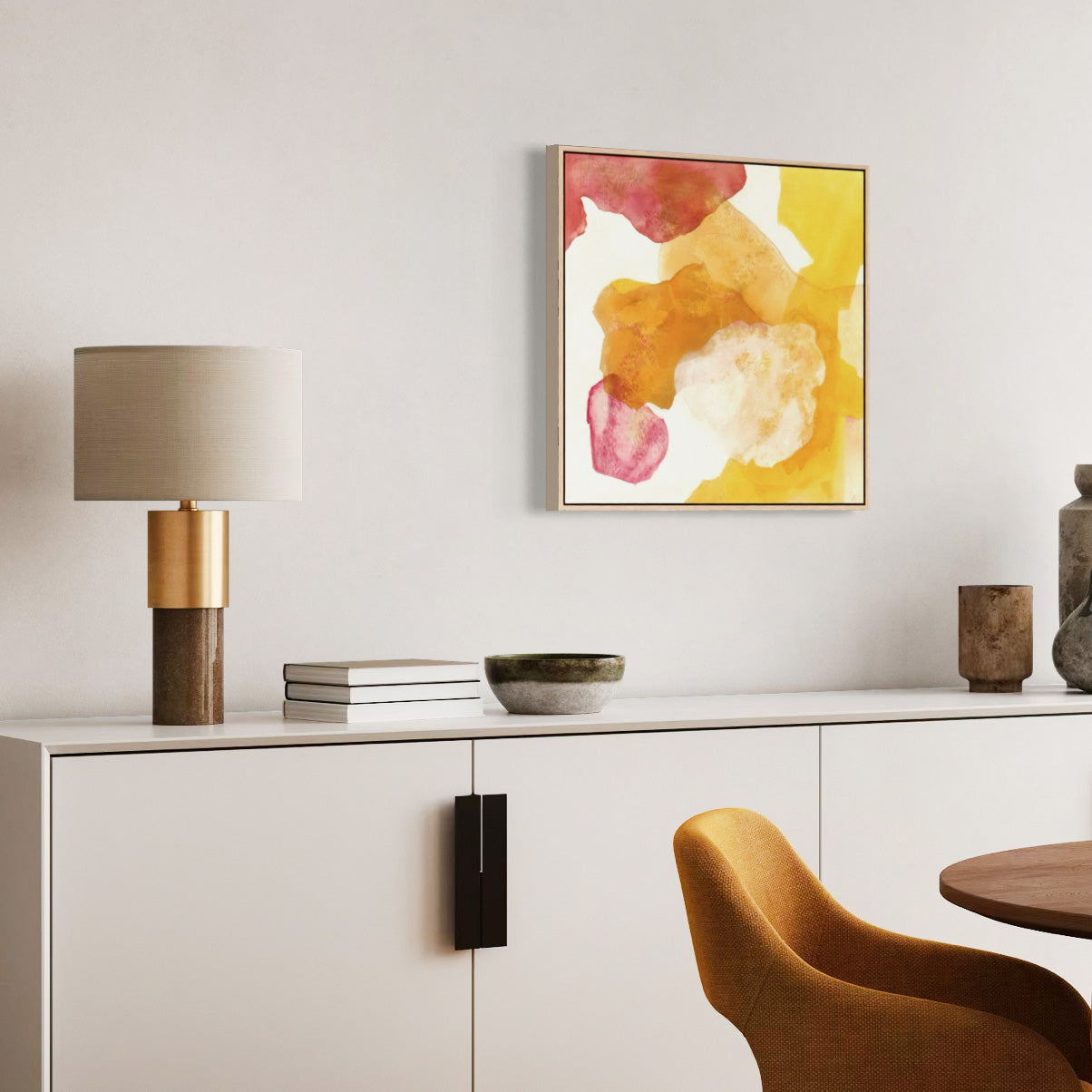 Landscape, abstract nature wall art print fon canvas, framed in a dining area.  Ingeborg Andersson Art