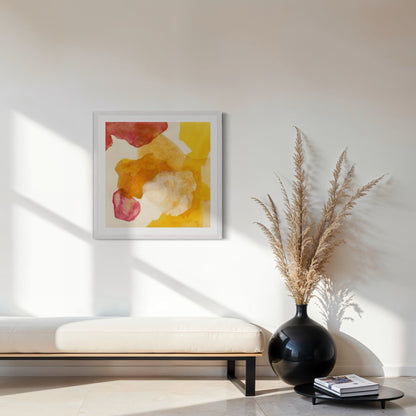 Landscape, abstract nature wall art print on paper, framed in white finish. Hanging above a bench. Ingeborg Andersson Art