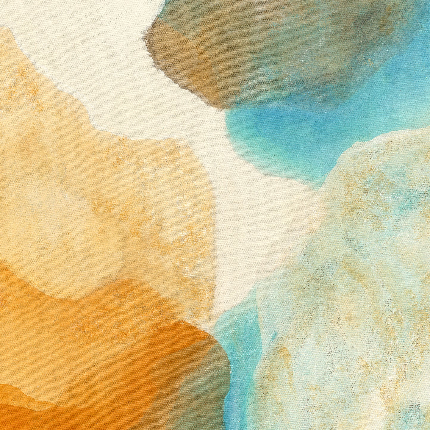 Magic Bird , Abstract Fine Art Print, close up detail. This artwork has nature inspired abstract shapes with playful movements in blue,  burnt orange, brown, yellow and beige tones. Ingeborg Andersson Art