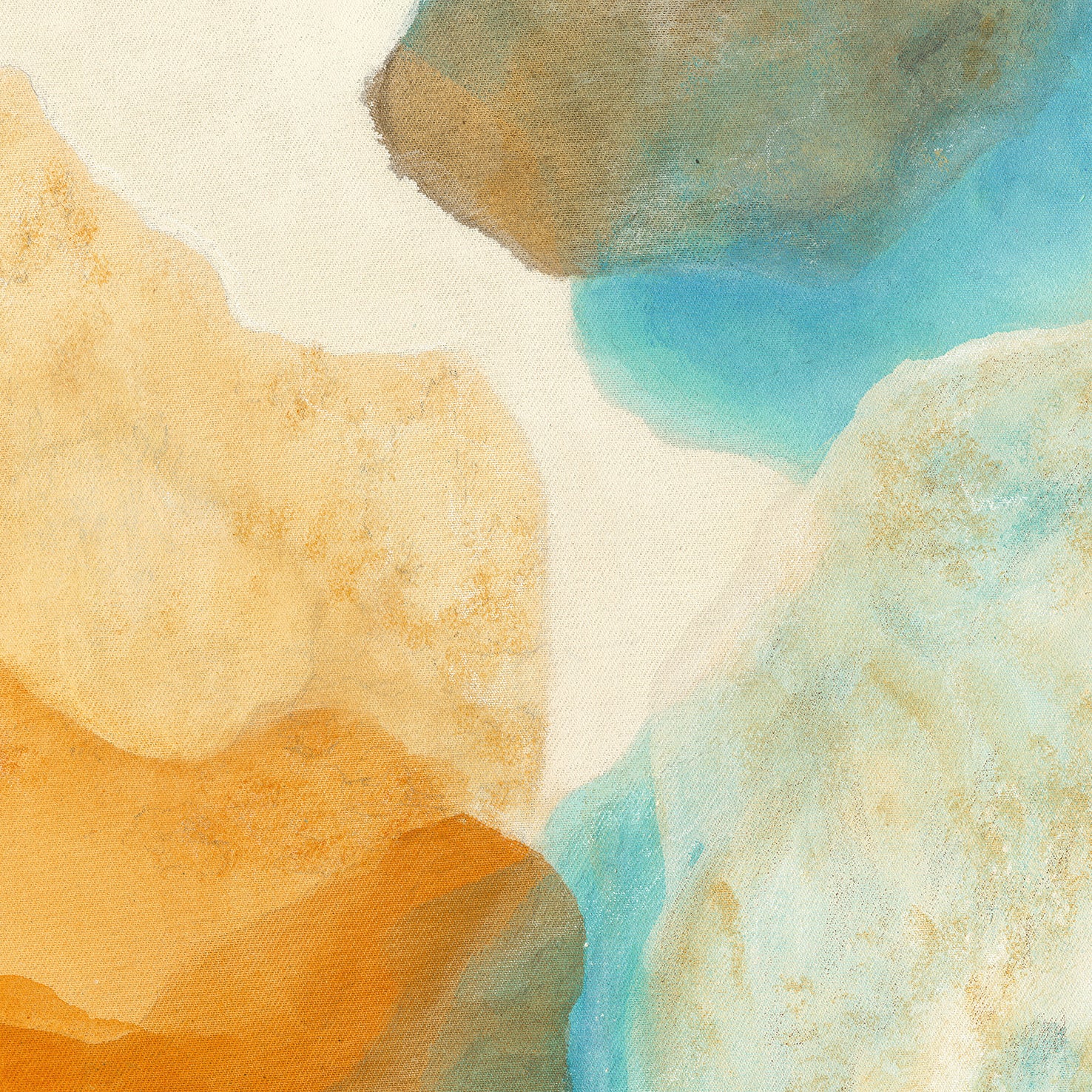 Magic Bird , Abstract Fine Art Print, close up detail. This artwork has nature inspired abstract shapes with playful movements in blue,  burnt orange, brown, yellow and beige tones. Ingeborg Andersson Art