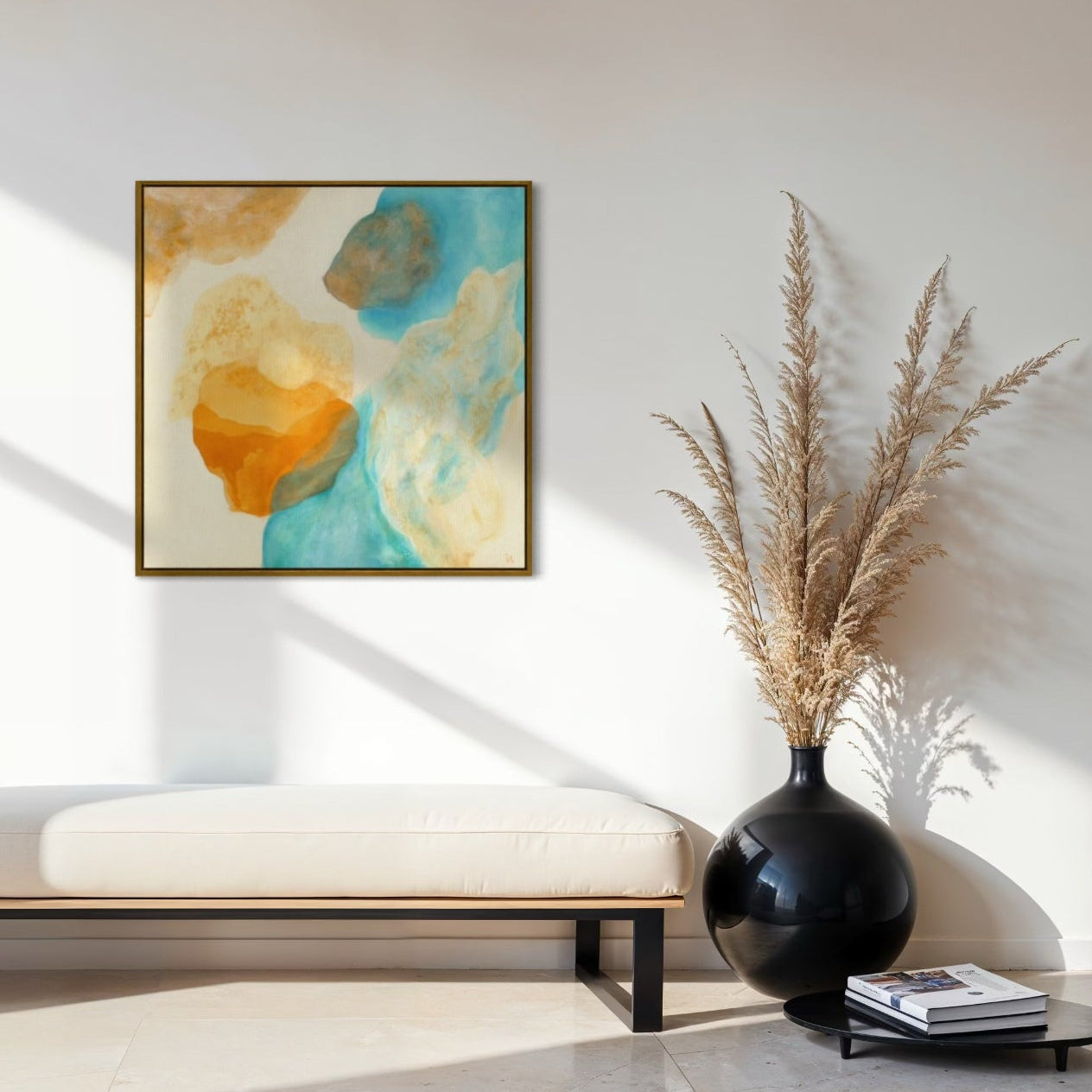 Magic Bird, nature inspired abstract art print on canvas, gold frame. Ingeborg Andersson Art 