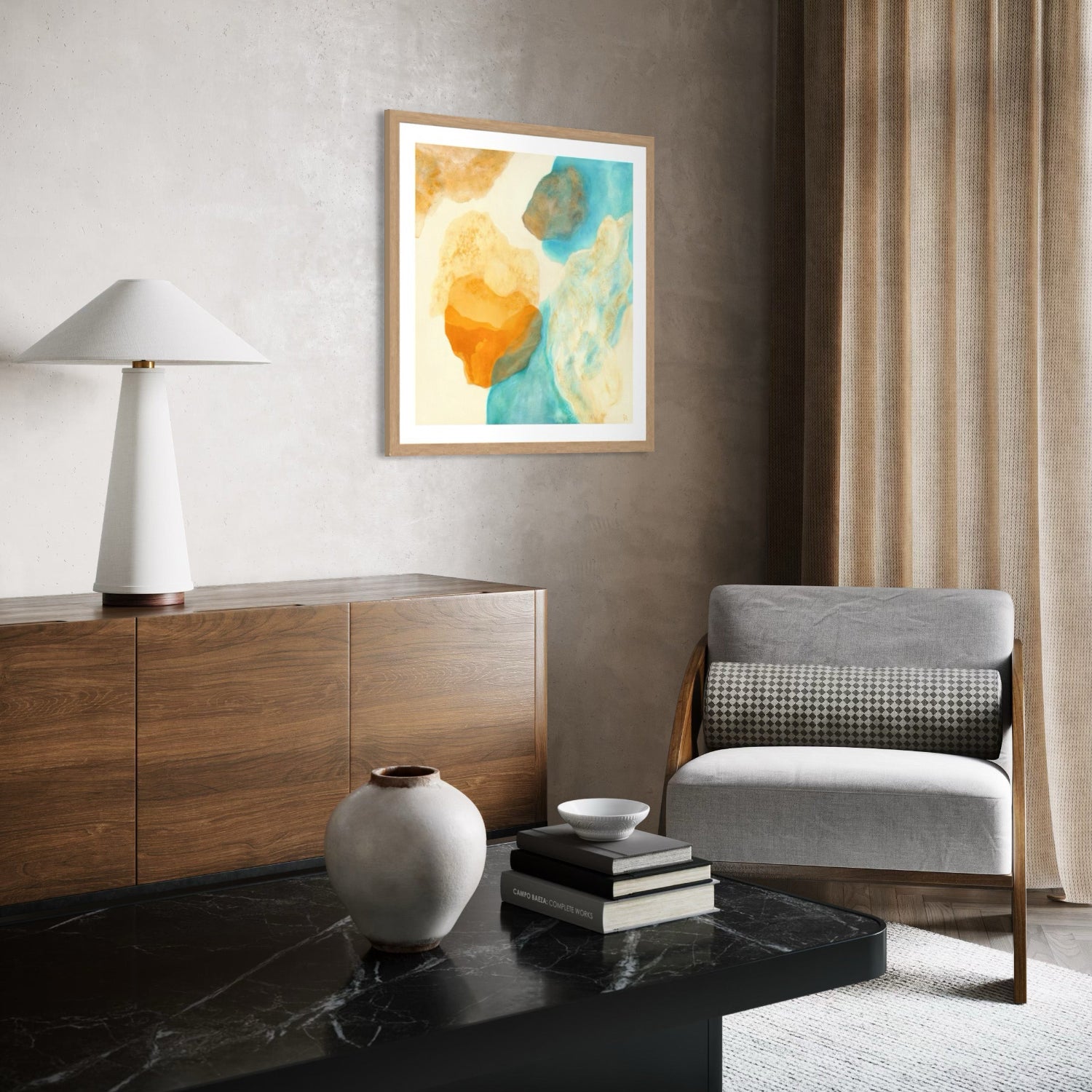 Magic Bird, nature inspired abstract art print on paper, in a modern living room, mid-century style. Ingeborg Andersson Art