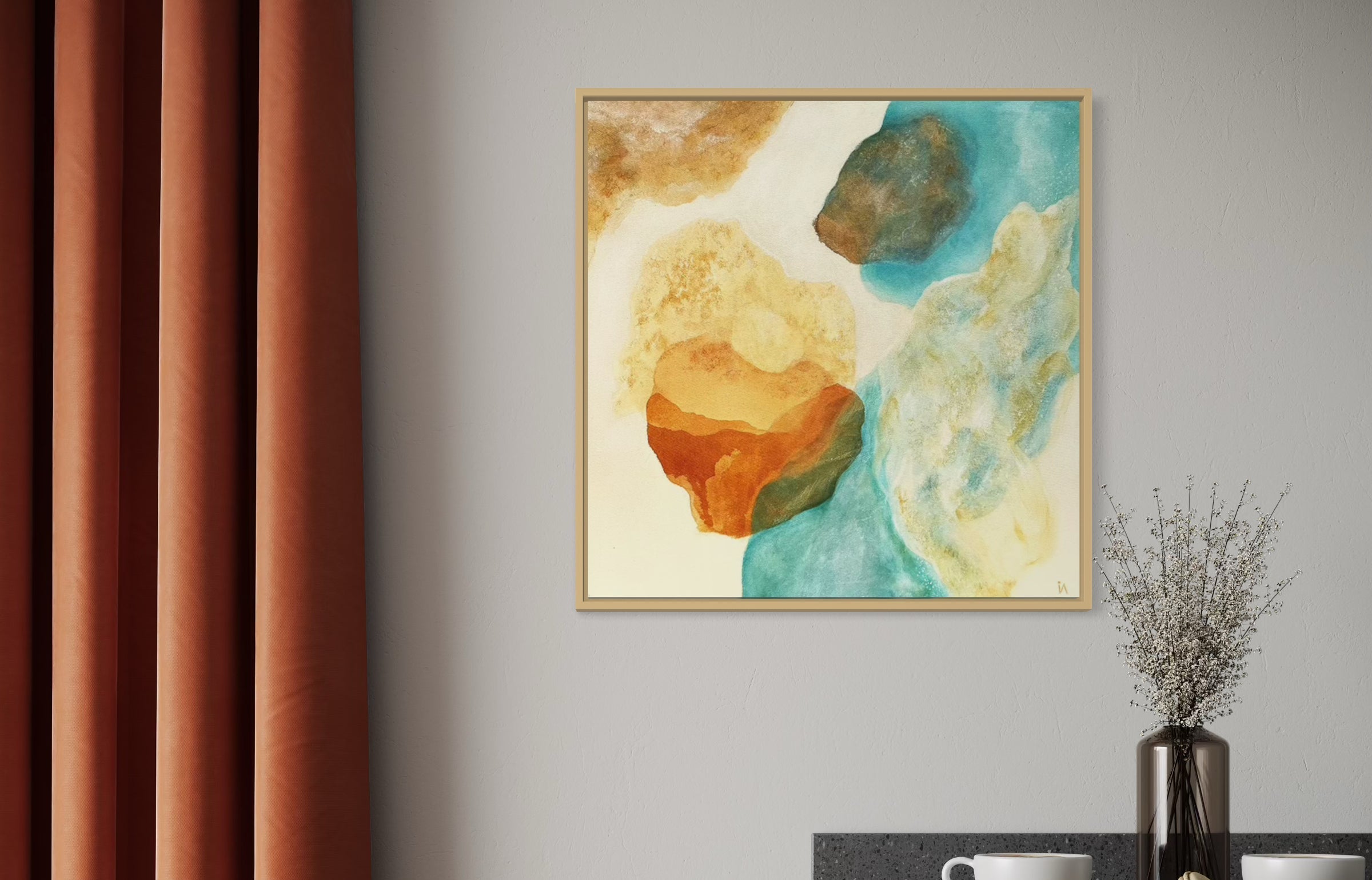 Abstract art print on canvas, Magic Bird, hanging on a light grey wall with a kitchen island in front. Soft velvet curtain in terracotta hanging next to the painting. Ingeborg Andersson Art