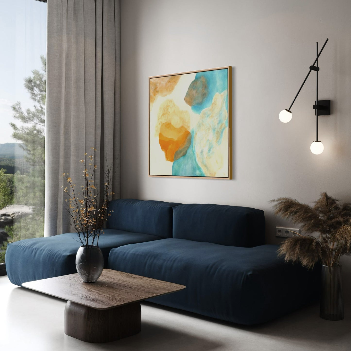 Magic Bird, nature inspired abstract art print on canvas in a living room. Ingeborg Andersson Art 