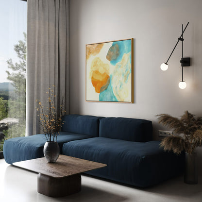 Magic Bird, nature inspired abstract art print on canvas in a living room. Ingeborg Andersson Art 