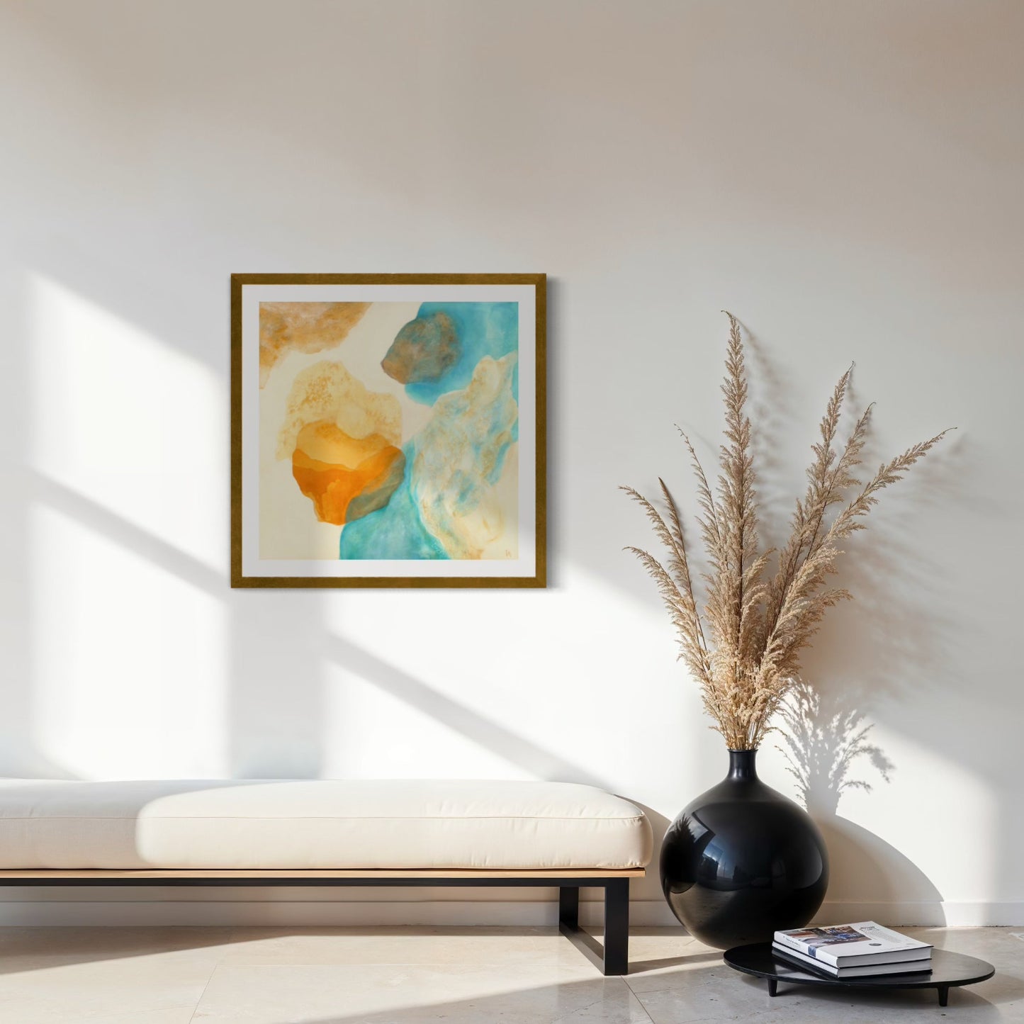 Magic Bird, nature inspired abstract art print on paper with a classic gold frame. Hanging in a seating area. Ingeborg Andersson Art